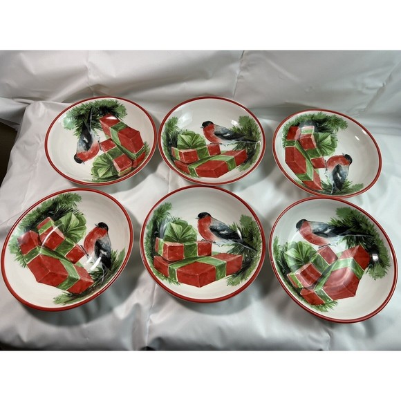 Set Of 6 Ceramica Cuore Italy Holiday Sparrow Serving Bowl 9" Red & Green - Picture 1 of 16